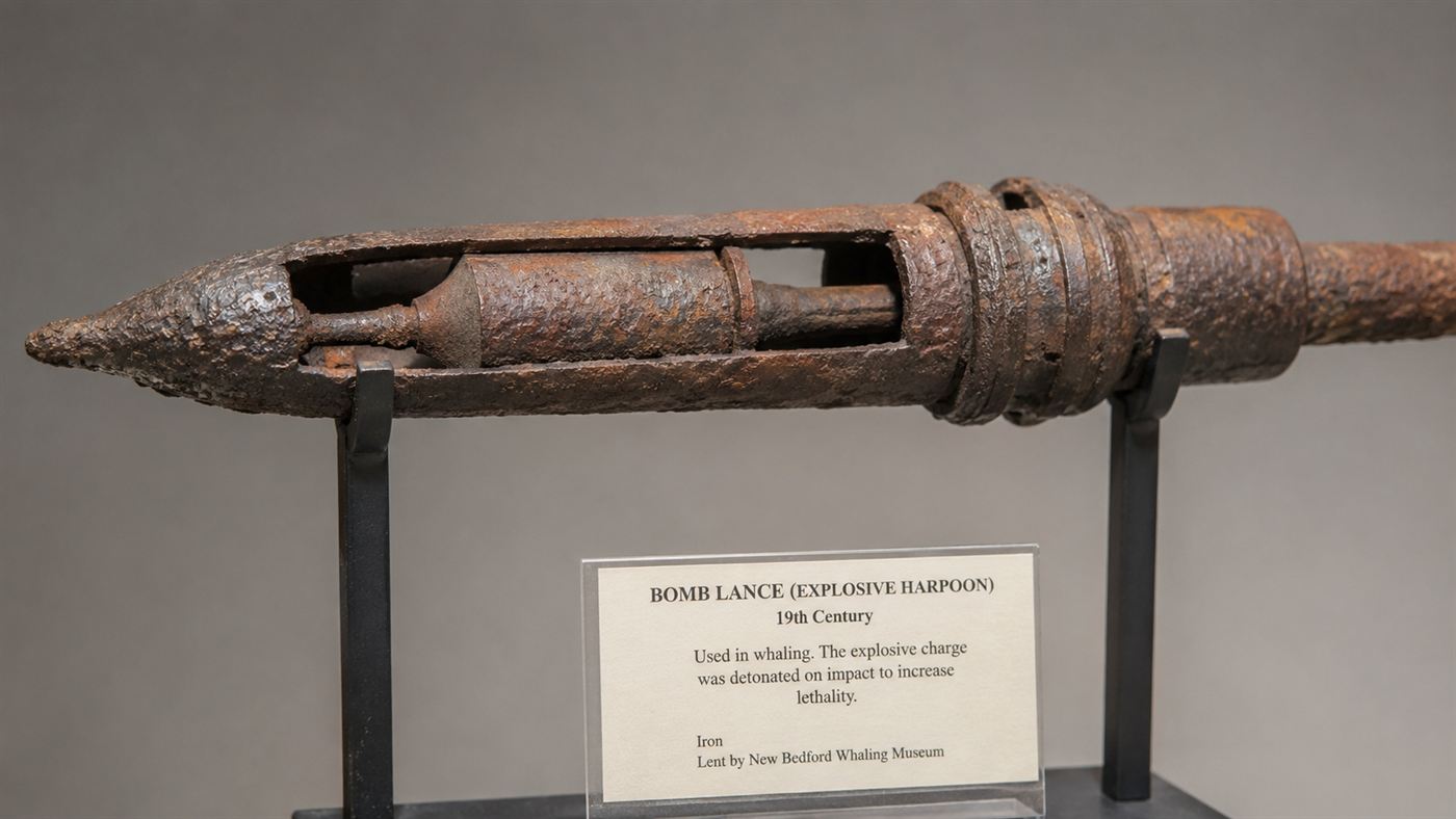 A rusted 19th-century explosive whaling harpoon head, the kind of bomb lance found inside a bowhead whale