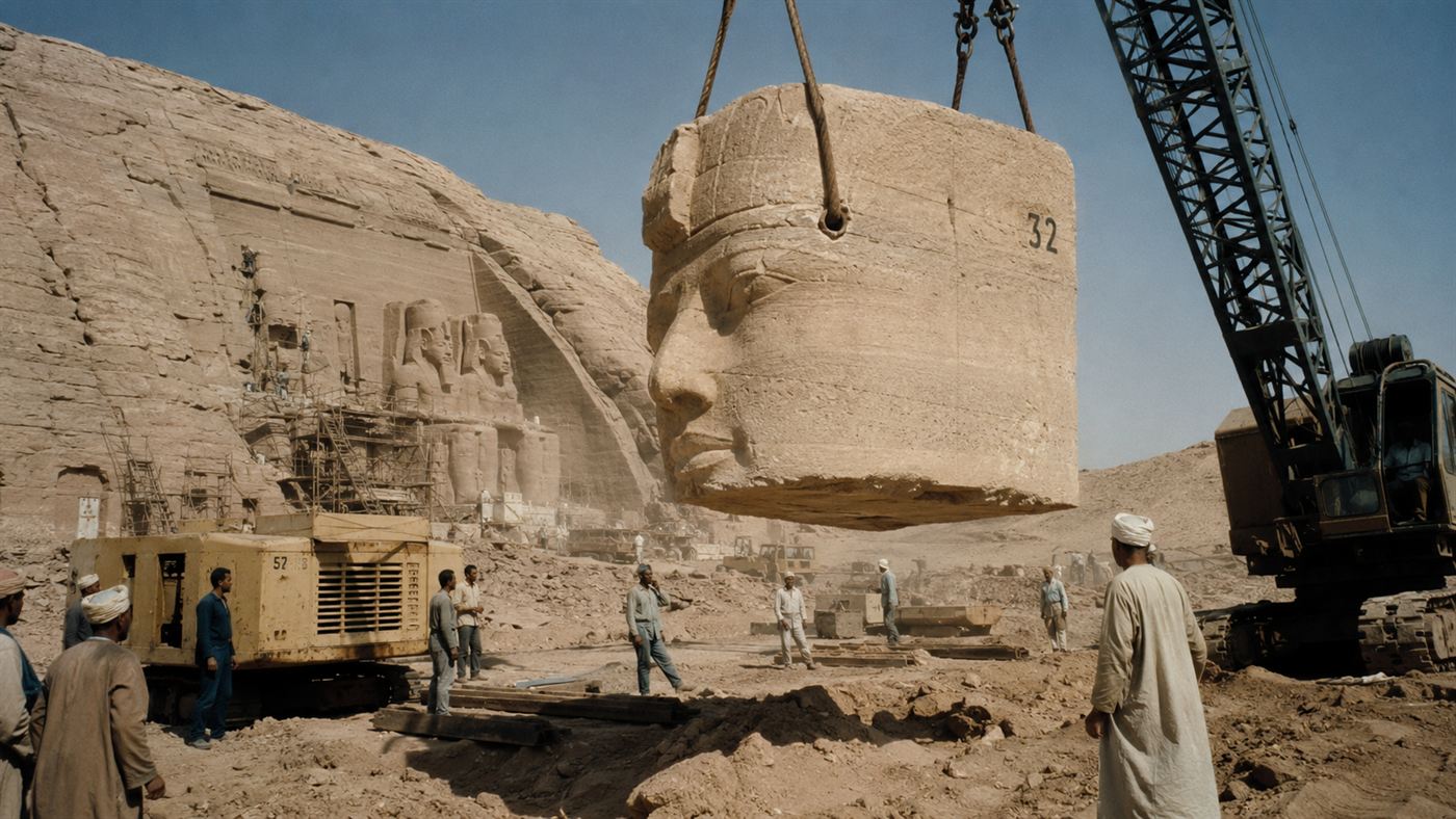 1960s workers and a crane lifting a giant numbered carved stone block during the Abu Simbel relocation