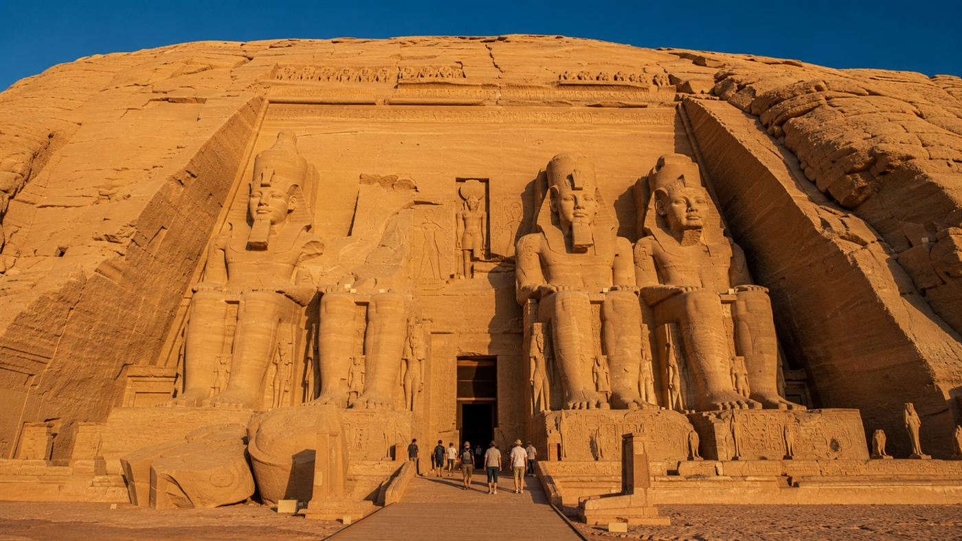 The four giant seated colossi of Ramesses II carved into the cliff at Abu Simbel in golden desert light