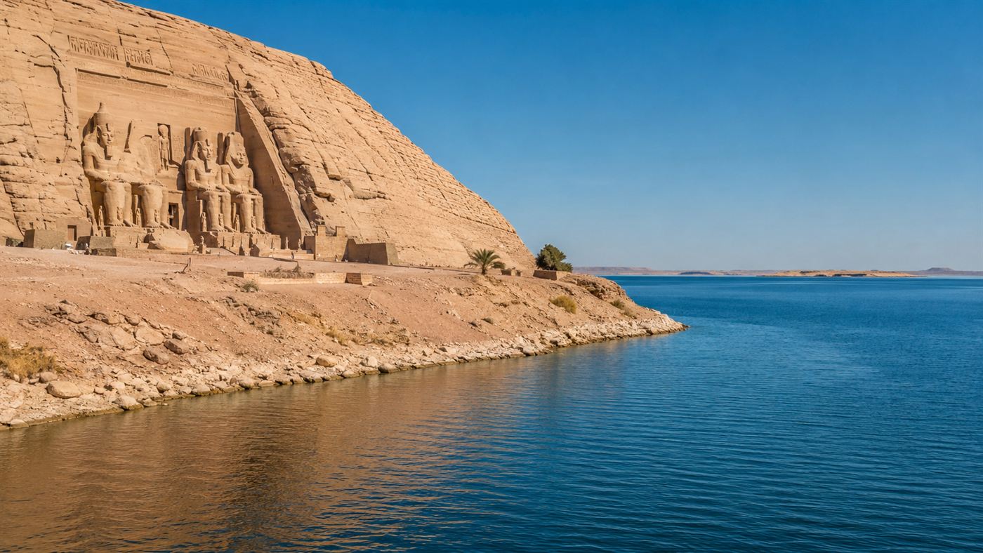 The relocated Abu Simbel temple standing on a bluff above the blue water of Lake Nasser in Egypt