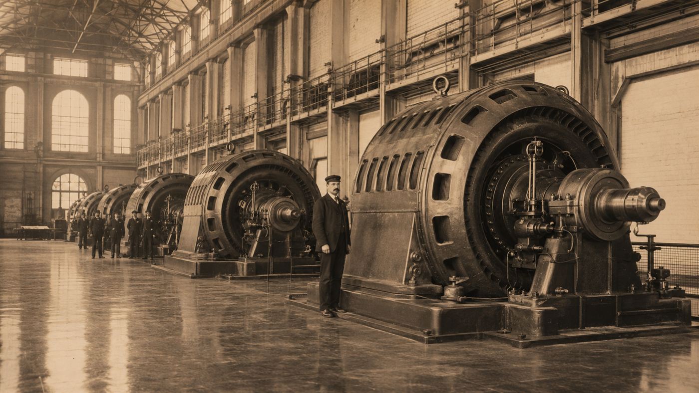 Rows of huge 1895 alternating-current generators inside the Adams powerhouse at Niagara Falls