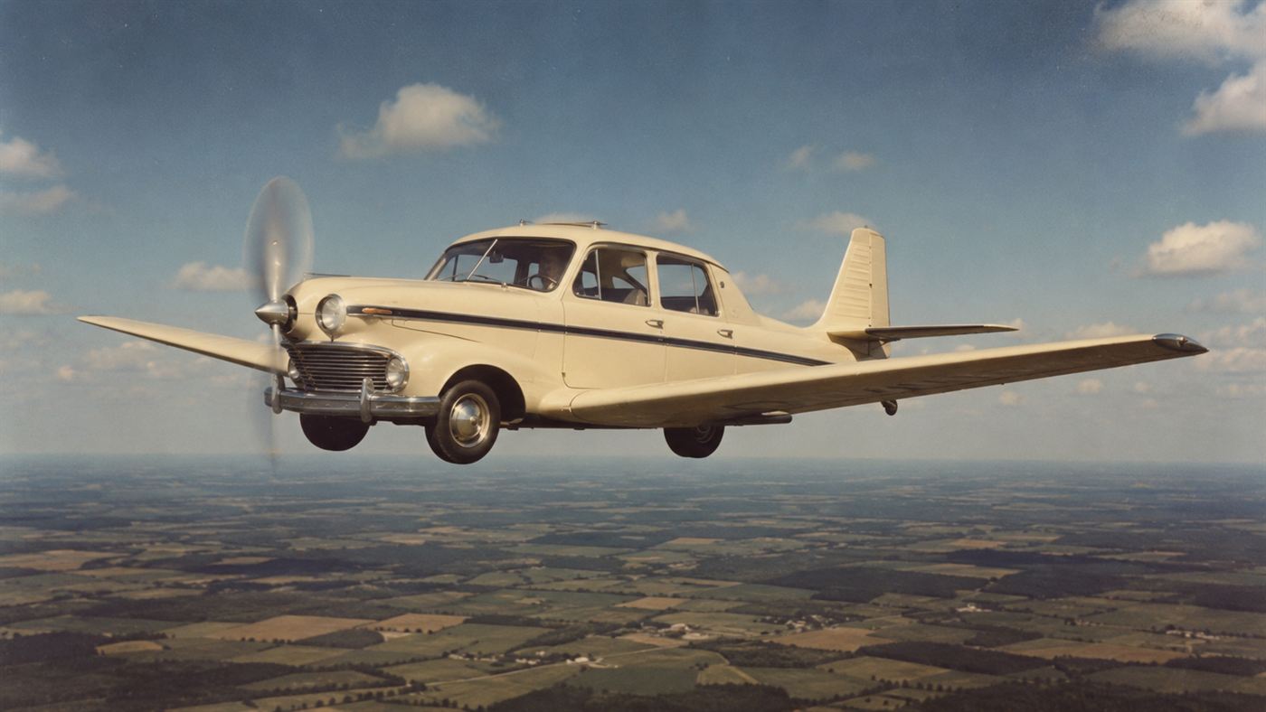 The Aerocar flying through a clear sky with its wings and tail attached, a small propeller-driven roadable aircraft aloft