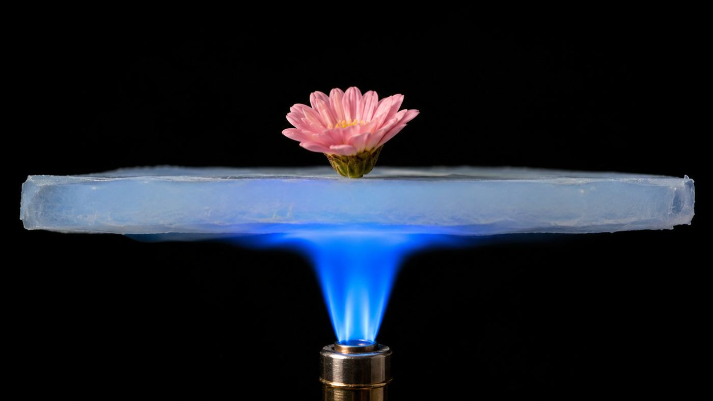 A blowtorch flame blasting the underside of an aerogel slab while a flower rests unharmed on top