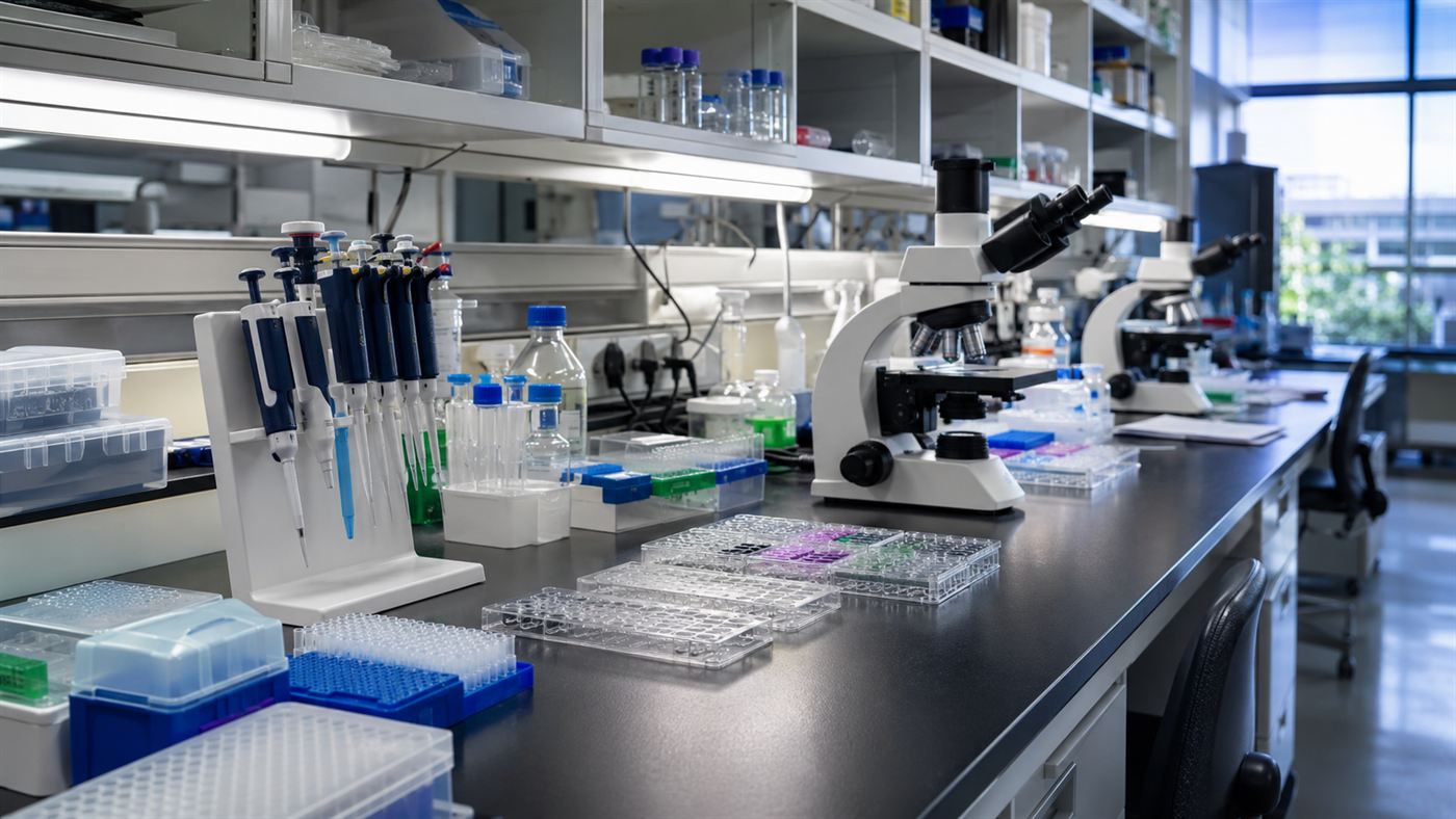 A biology research laboratory bench with pipettes and sample plates used in aging and tissue repair research