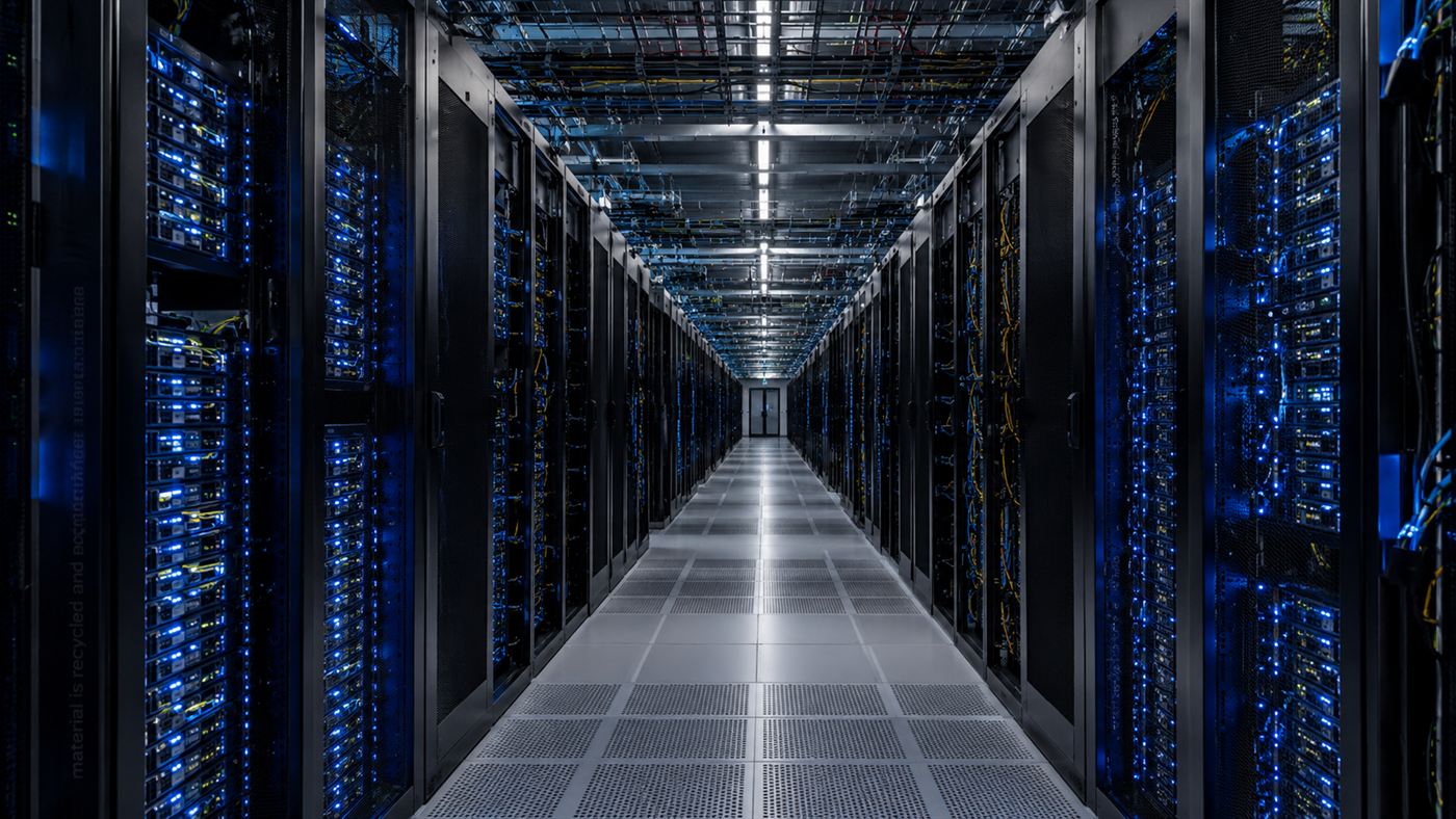 Rows of glowing server racks inside a modern AI data center that will draw power from Three Mile Island