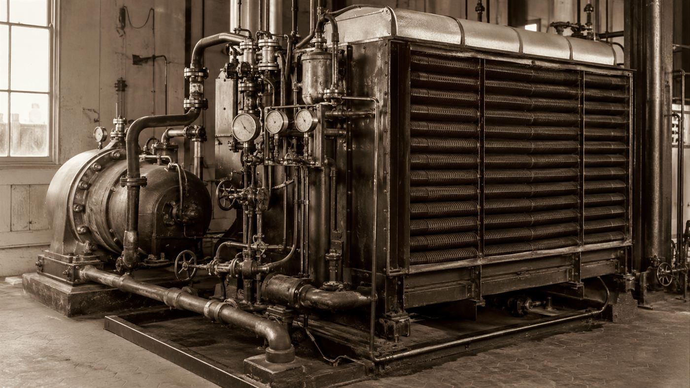 An early 20th-century industrial air conditioning machine with metal cooling coils and pipes in a factory