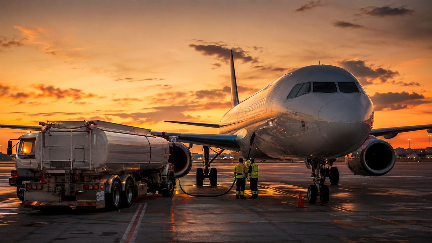 An airliner being refuelled by a tanker on an airport tarmac at dusk