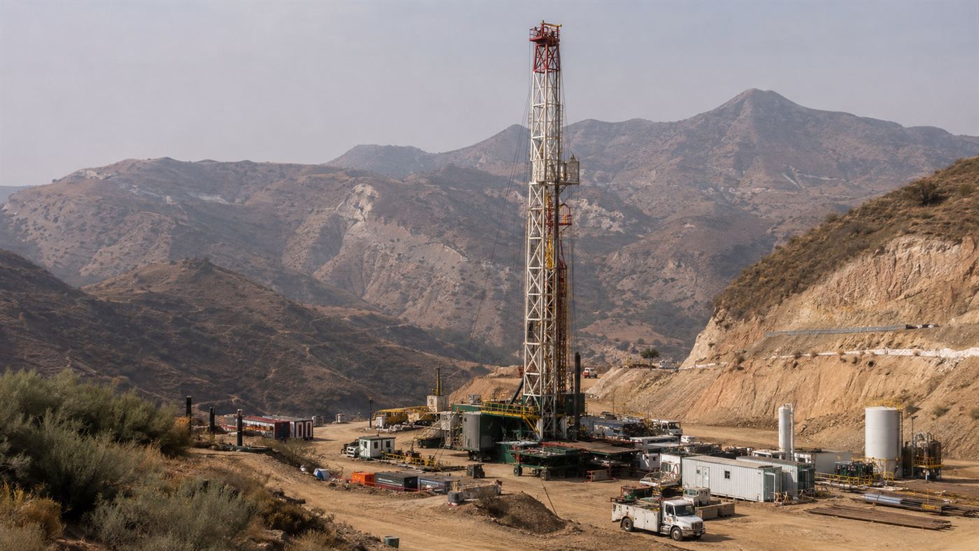 A drilling rig working at a hillside gas storage site to drill a relief well under a hazy sky