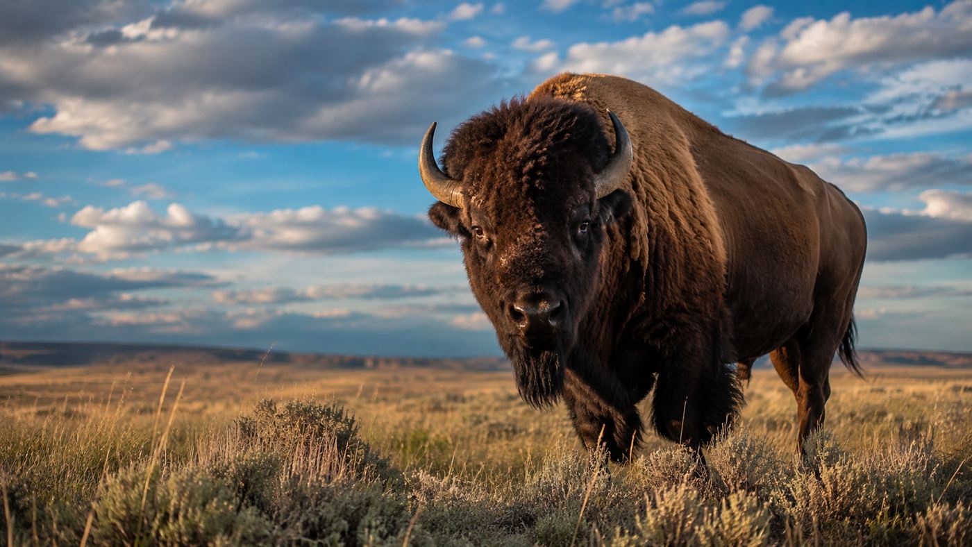 A large American bison bull standing on open Great Plains grassland under a wide sky