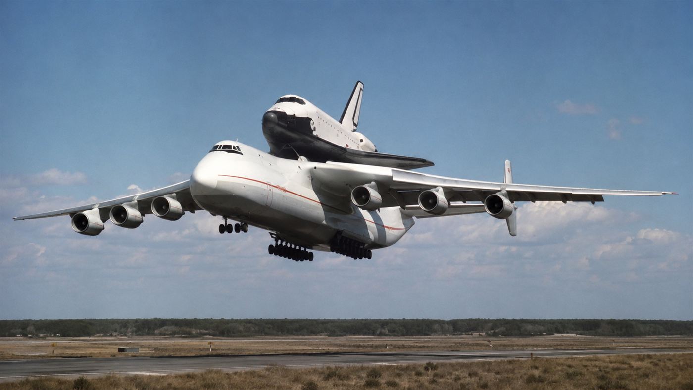 The Antonov An-225 carrying the Buran space shuttle on its back, the role it was designed for