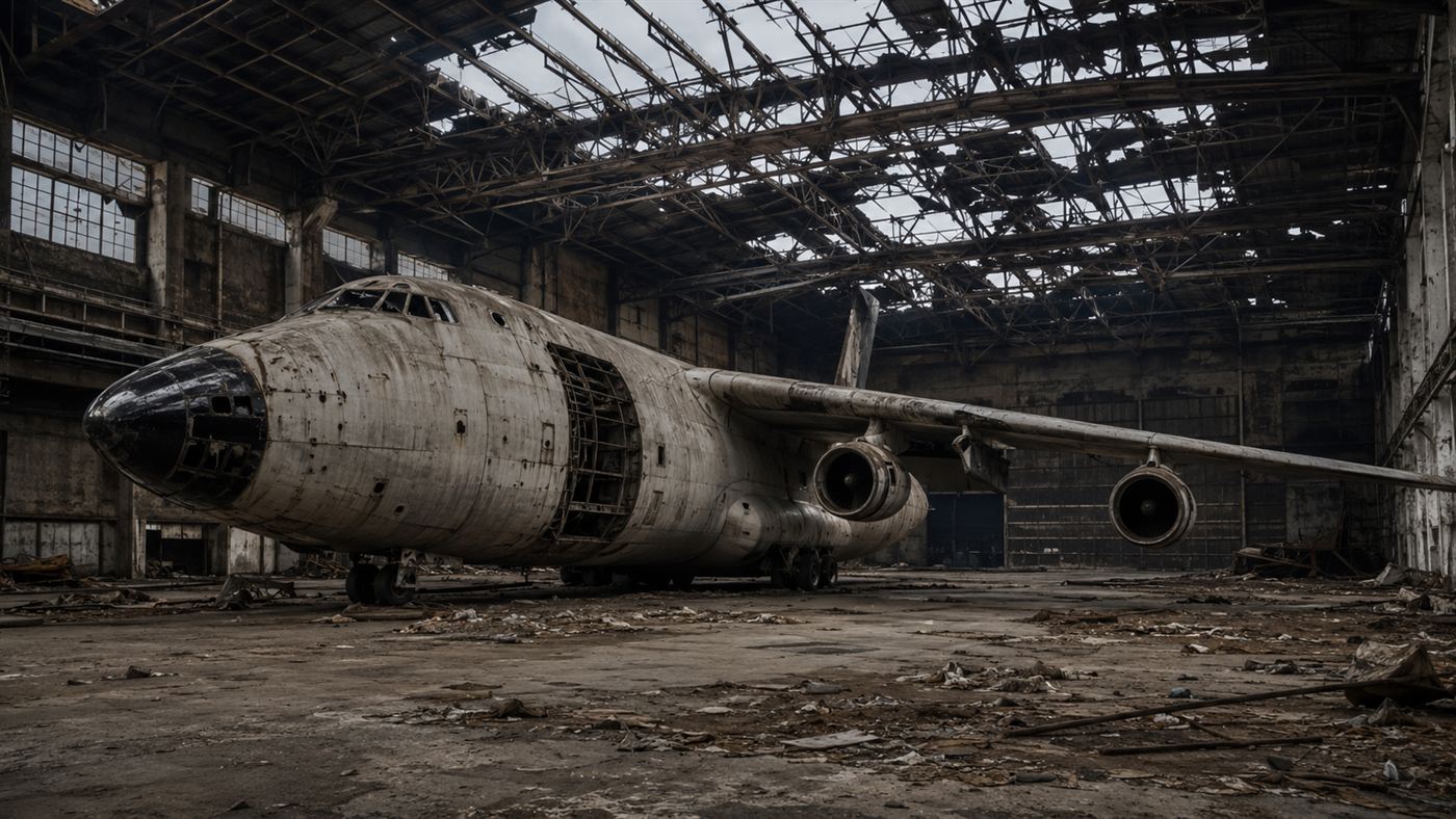 The destroyed Antonov An-225 in its wrecked hangar at Hostomel airport near Kyiv after the 2022 battle