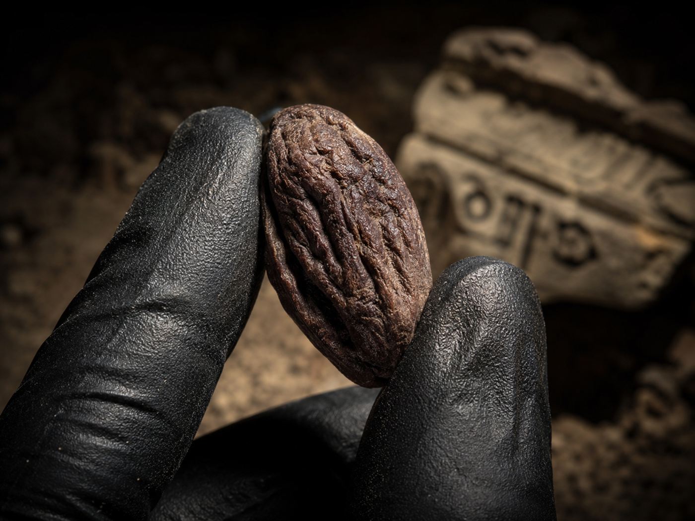 An ancient wrinkled date seed of the kind that grew into the Judean date palm, held between fingertips