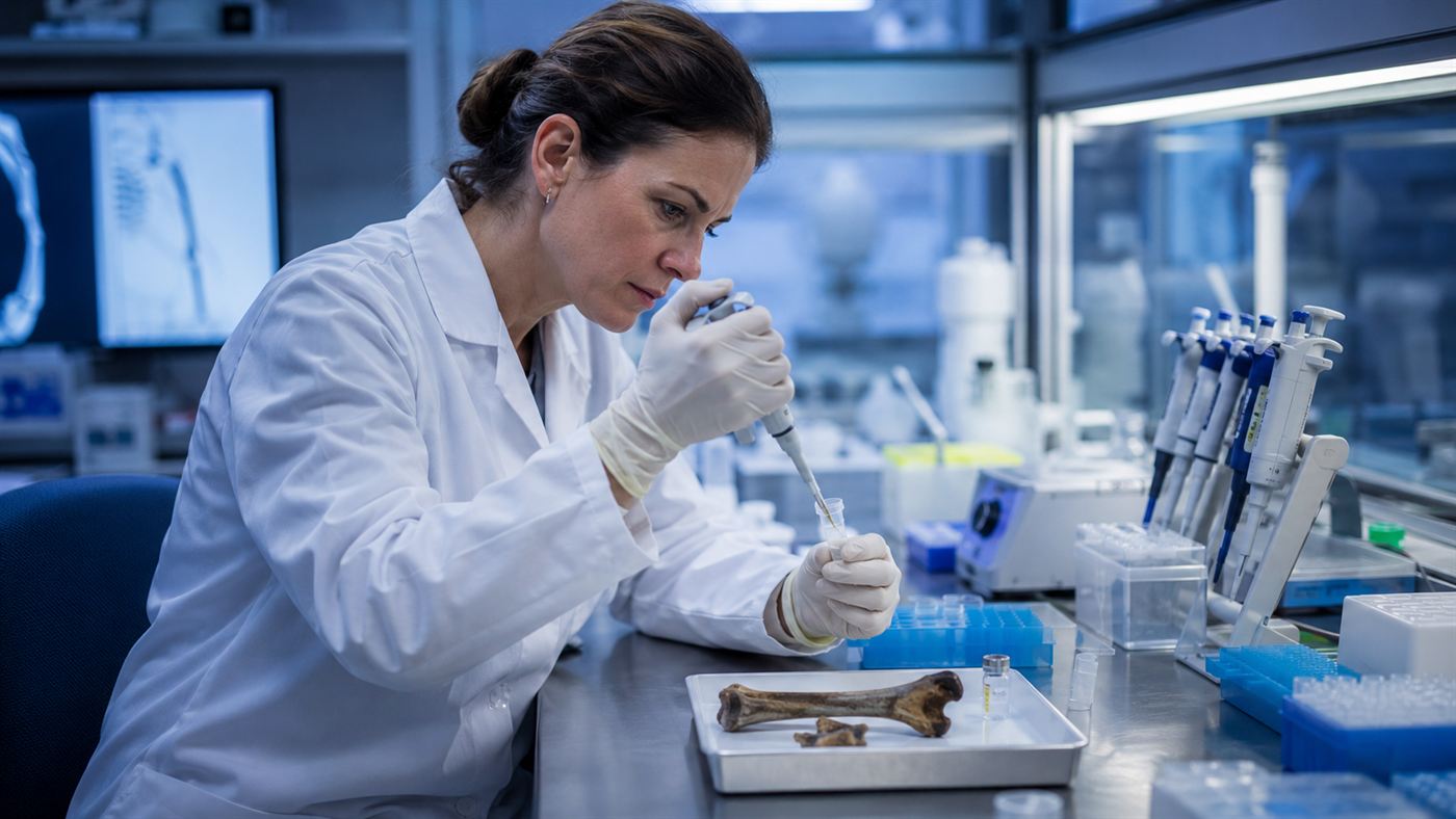 A scientist in a clean lab extracting ancient DNA from a fragment of centuries-old bone