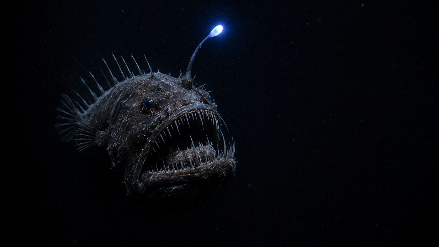 A dark deep-sea anglerfish with a glowing lure in front of its toothy mouth in black water