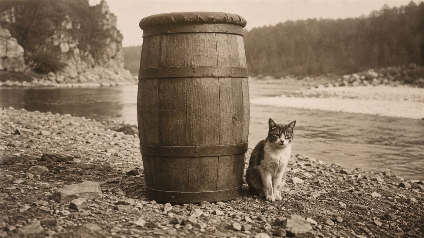 The padded oak and iron barrel Annie Edson Taylor used to go over Niagara Falls, with a cat that tested it first