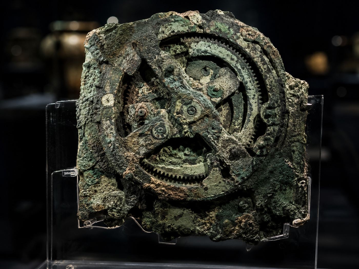 The corroded green bronze Antikythera mechanism, the ancient Greek computer, displayed in a museum with gear wheels visible