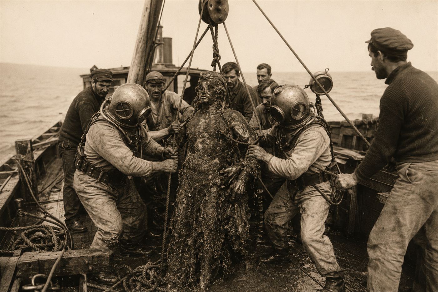 Greek sponge divers in old diving suits hauling bronze artifacts from the Antikythera shipwreck in 1901