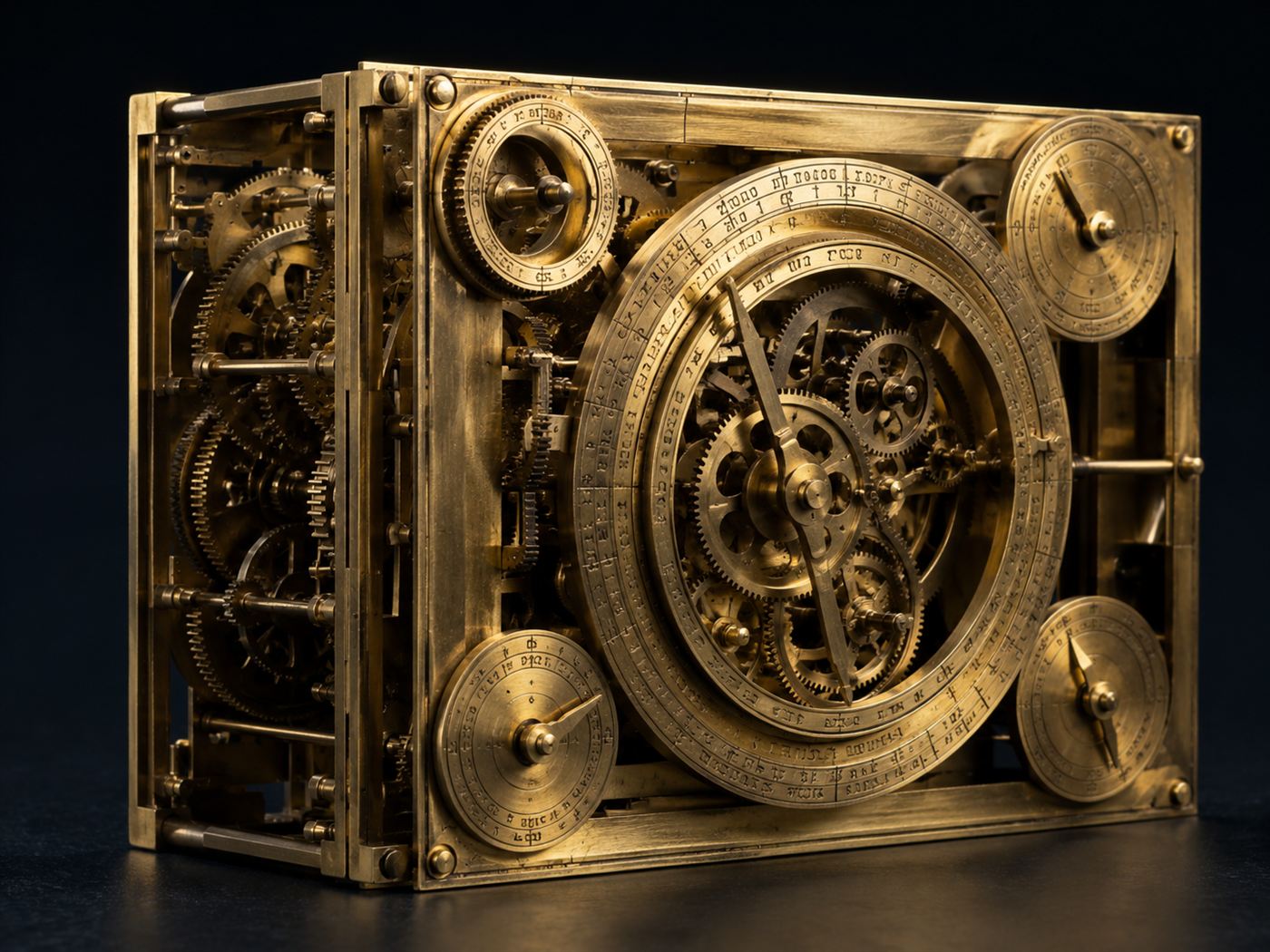 A modern reconstruction of the Antikythera mechanism showing dozens of interlocking bronze gears and dials