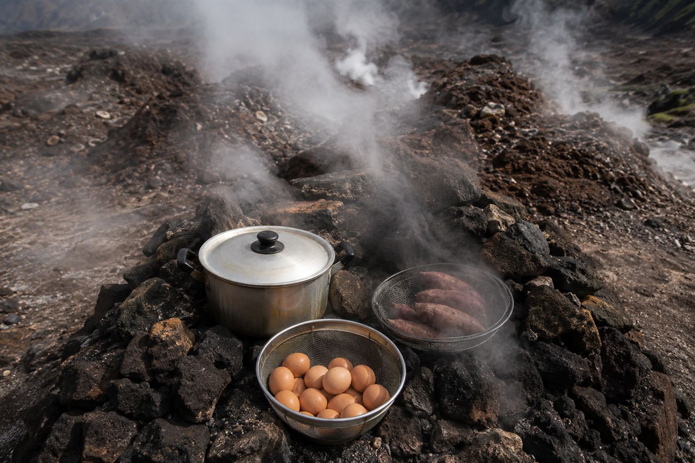 Steam rising from geothermal hingya vents on Aogashima where islanders cook eggs and sweet potatoes over the volcano's heat