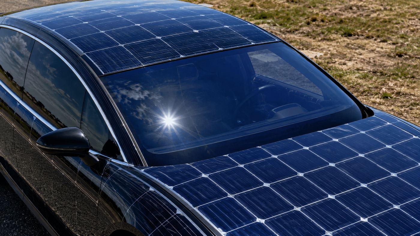 Close-up of the solar cells covering the roof and hood of the Aptera solar car