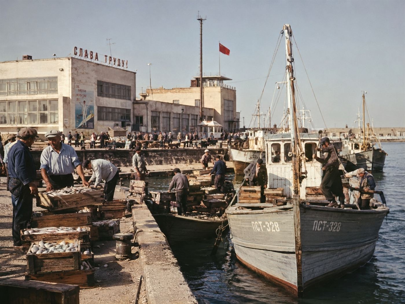 A bustling Soviet-era fishing port on the Aral Sea in the 1960s with wooden fishing boats moored at a dock, waterfront cannery buildings and workers unloading catches