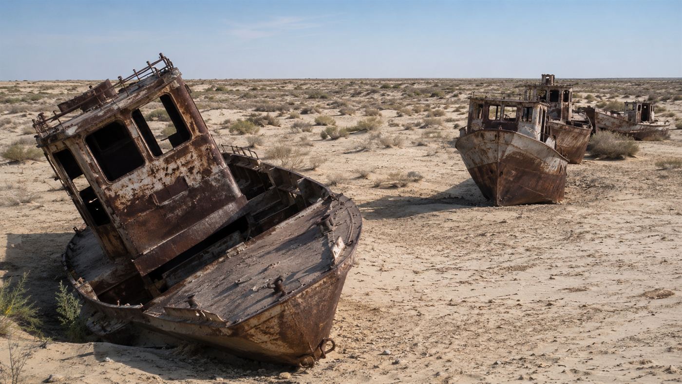 Rusted fishing boats stranded in sandy desert near Moynaq Uzbekistan where the Aral Sea once reached, skeletal hulls in dust under pale blue sky