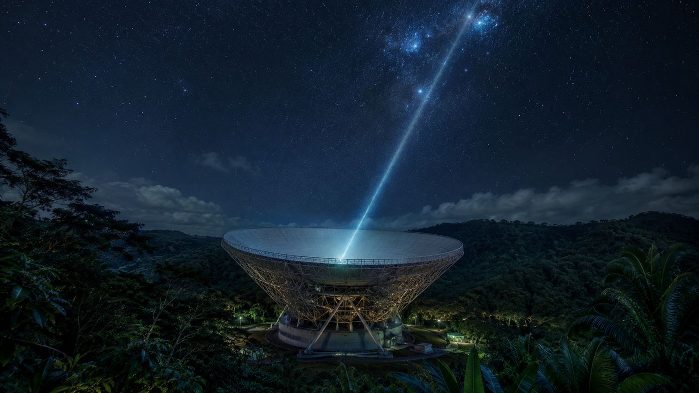 The Arecibo dish beaming a radio message toward the stars at night