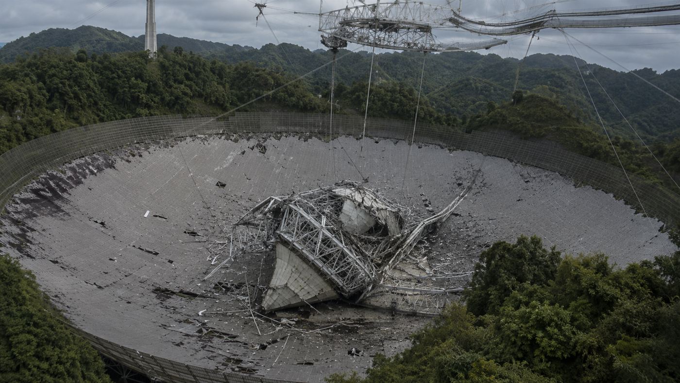 The collapsed 900-ton instrument platform lying in the torn dish of the Arecibo Observatory after the 2020 failure