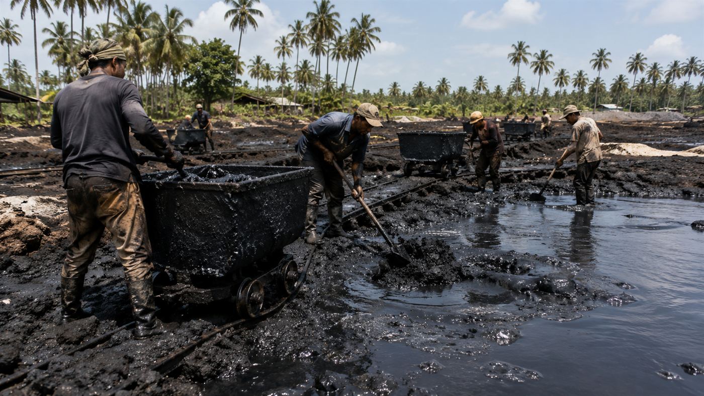 Workers digging black asphalt out of the Pitch Lake and loading it for export