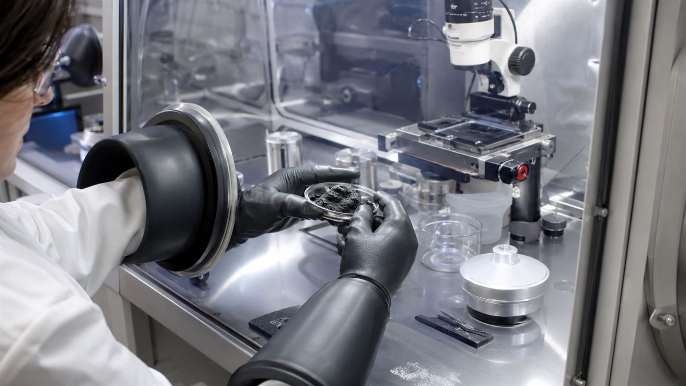A gloved scientist examines dark grains from asteroid Bennu in a sealed laboratory chamber under bright light