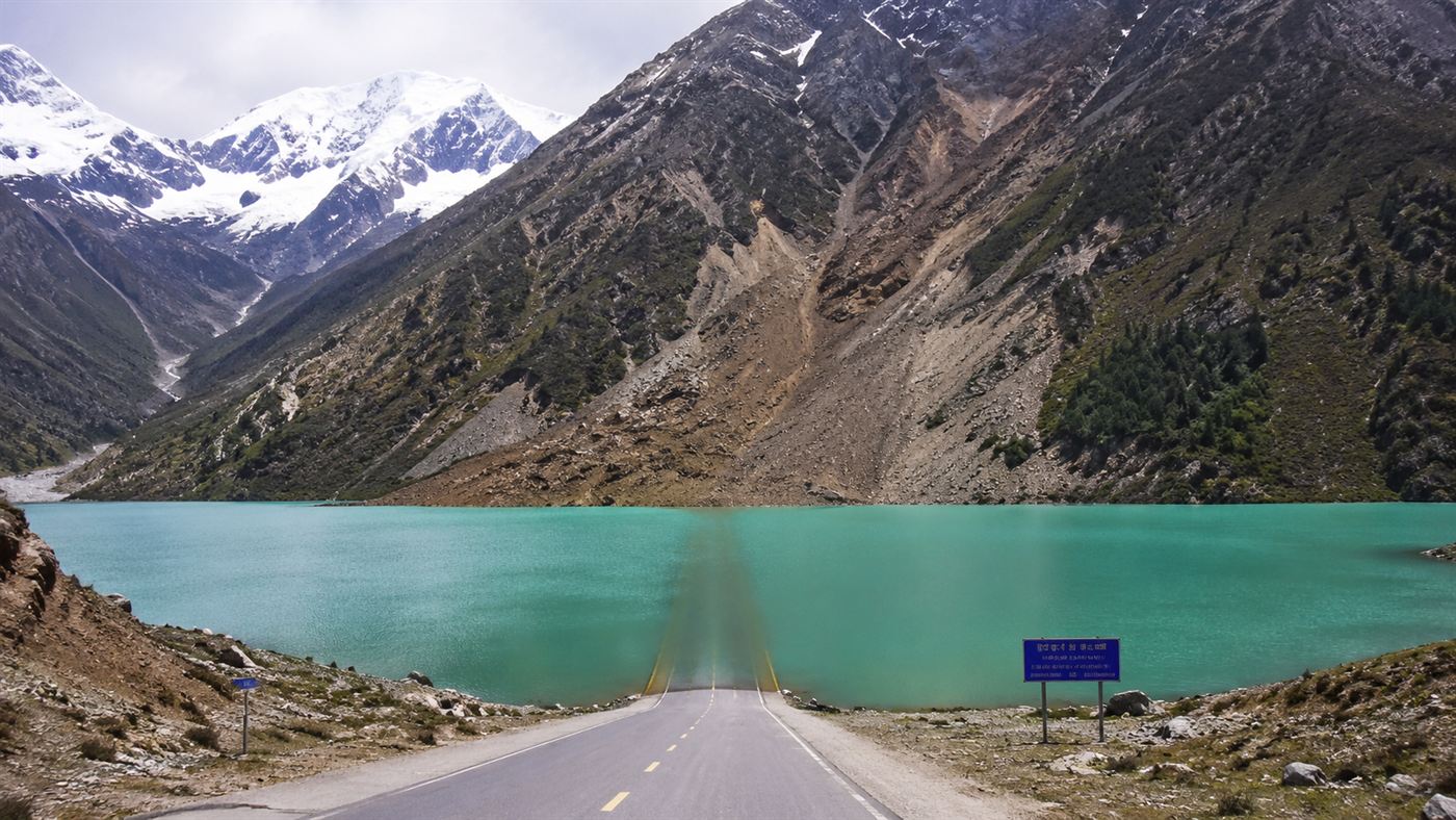 Attabad Lake submerging a section of the Karakoram Highway beneath turquoise water