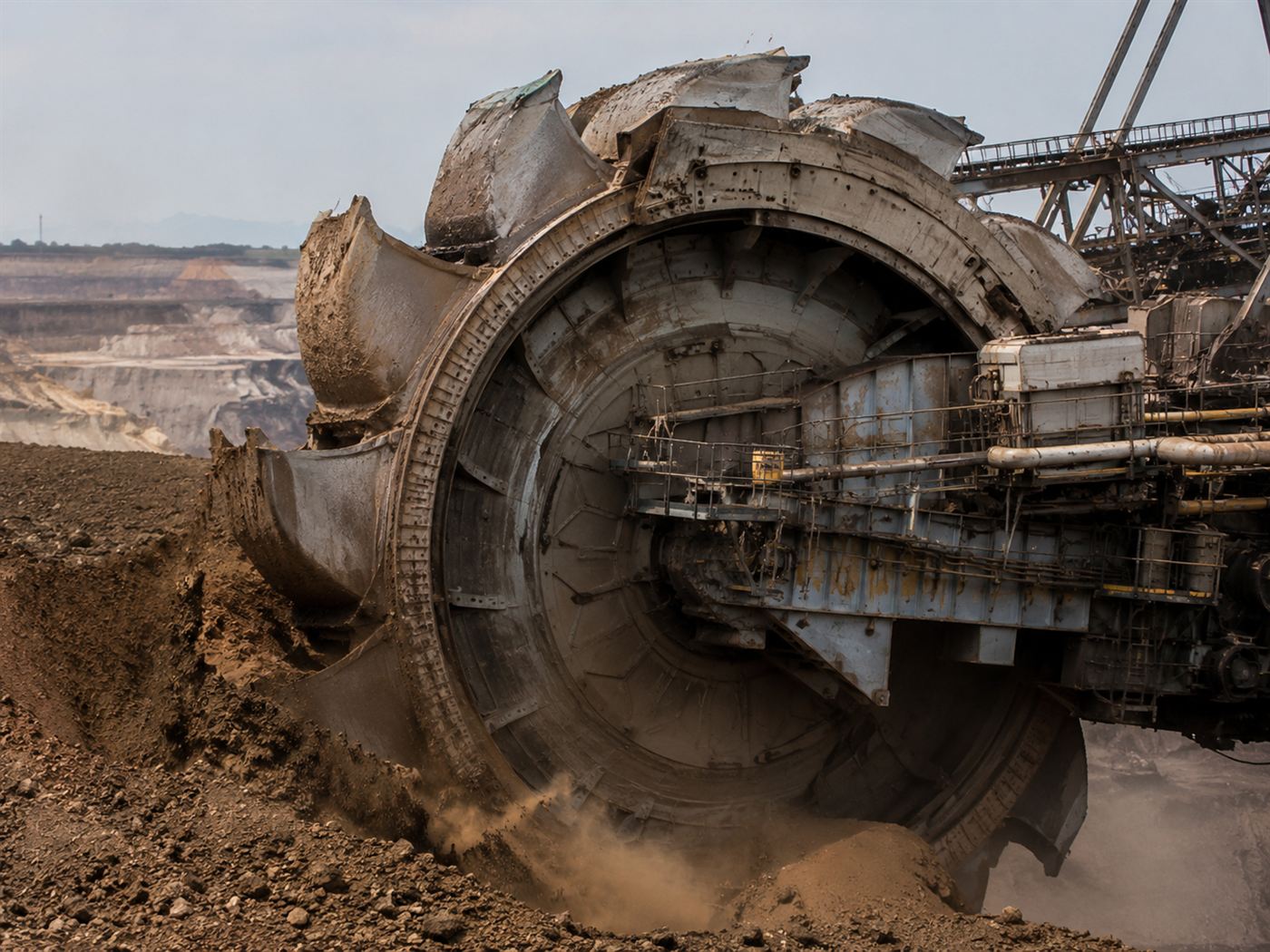 Close-up of the giant rotating bucket wheel of the Bagger 288 bucket-wheel excavator digging into the earth