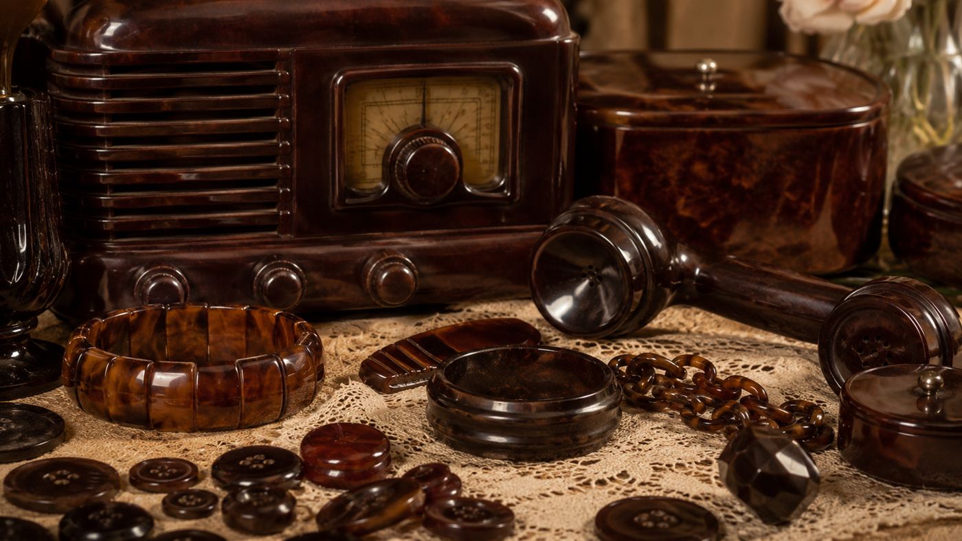 A collection of glossy dark brown and amber vintage Bakelite objects, an old radio, telephone handset, buttons and jewelry