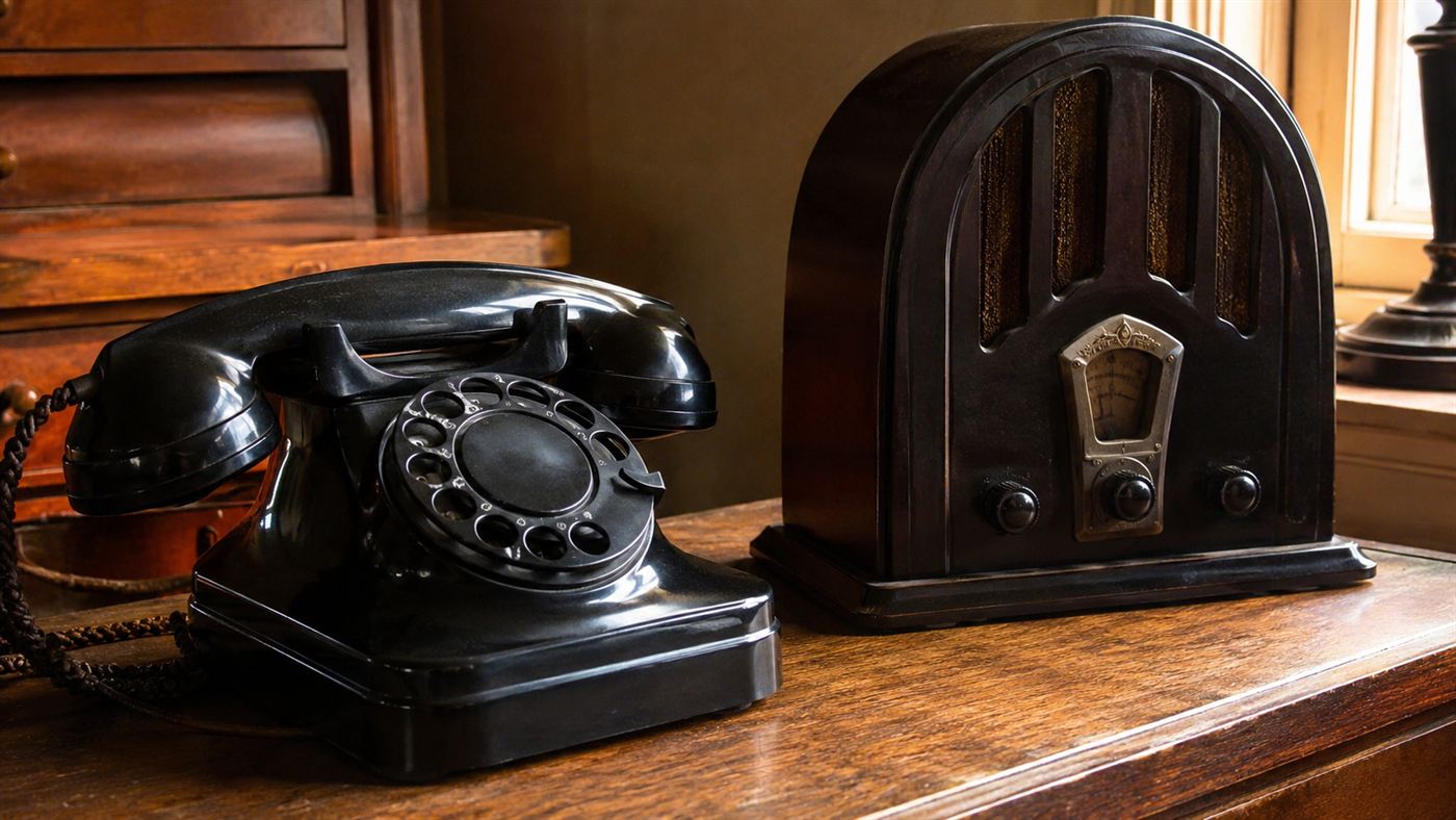 A classic 1930s black Bakelite rotary telephone and a domed Bakelite radio on a wooden desk