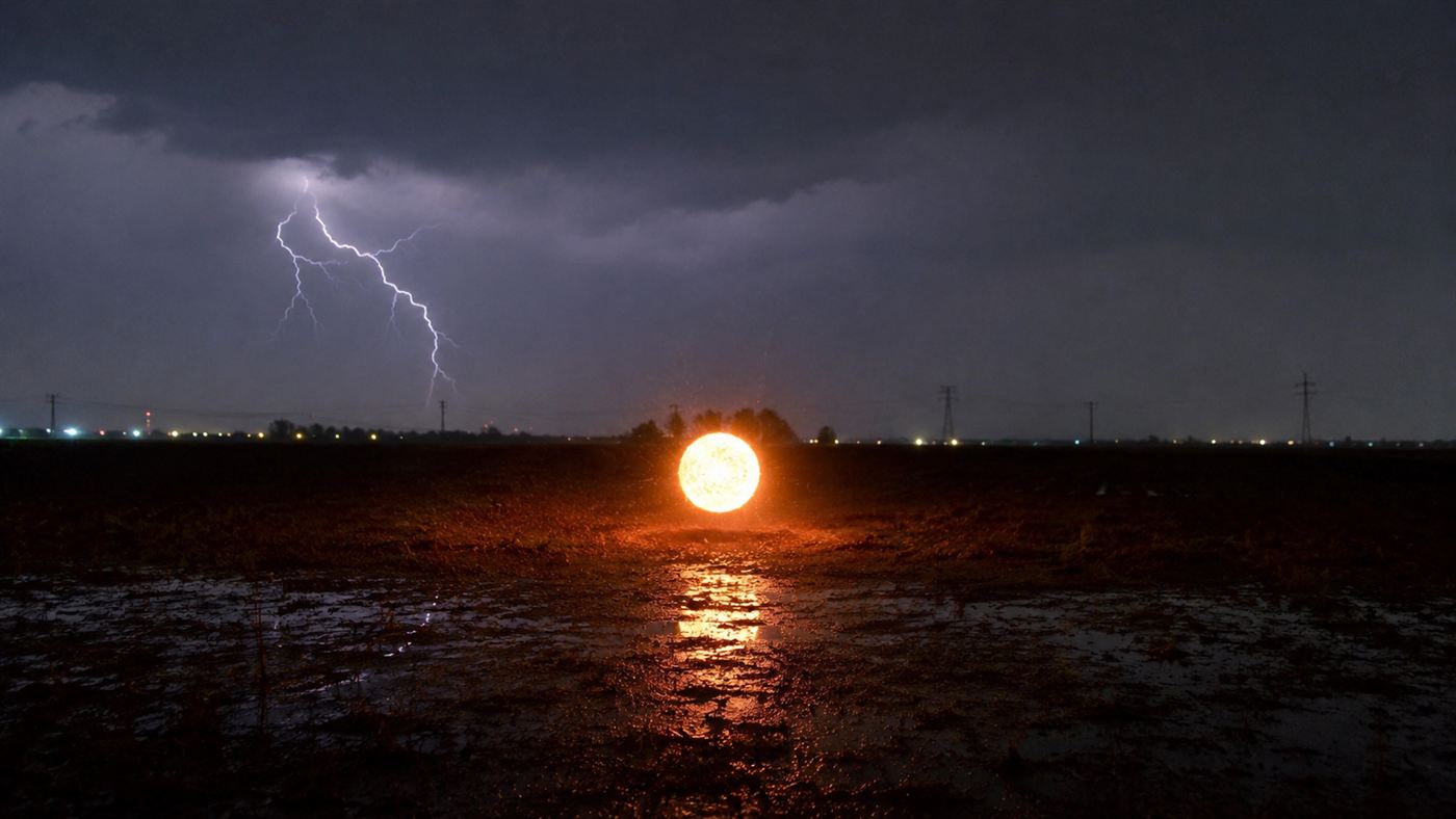 A glowing sphere of ball lightning floating above a dark stormy field at night