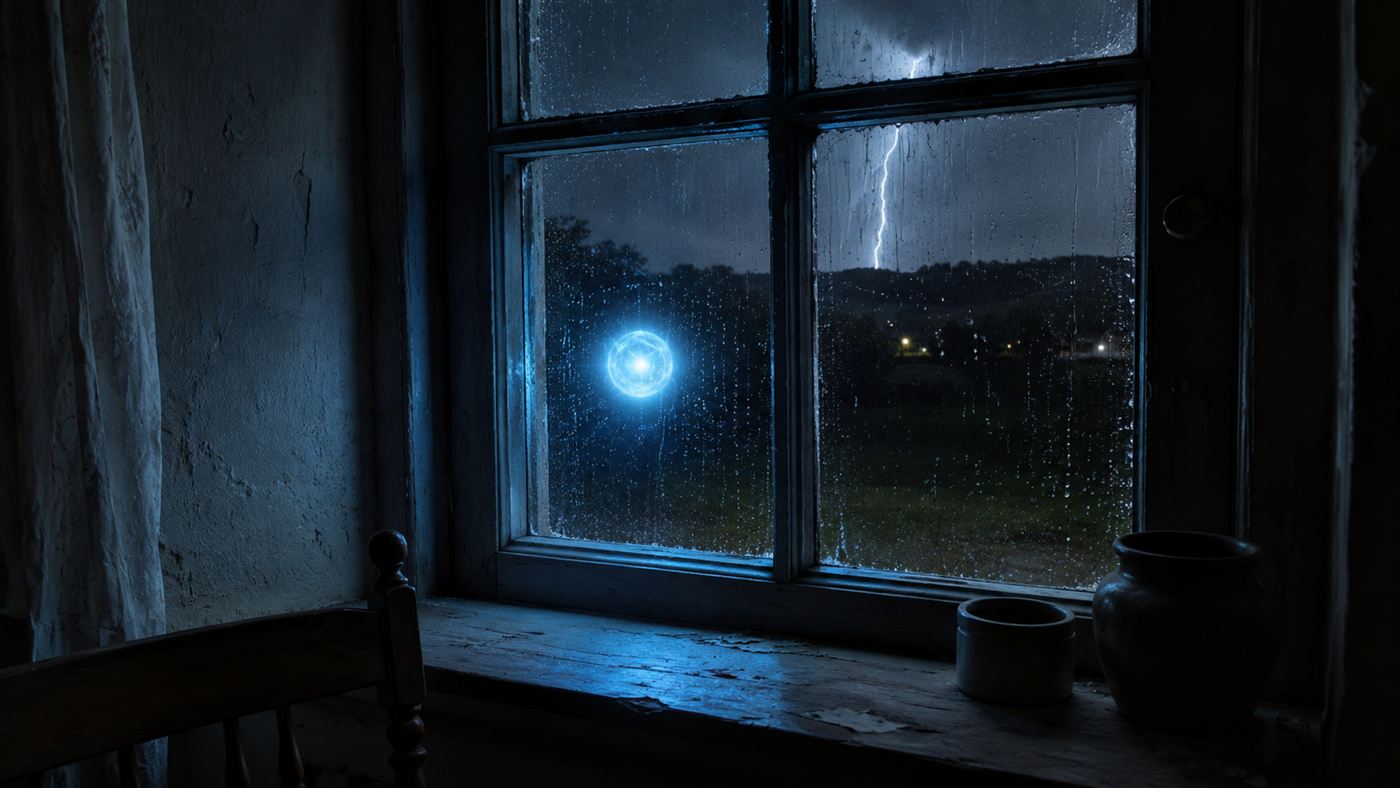 A glowing orb of ball lightning drifting outside a dark farmhouse window at night