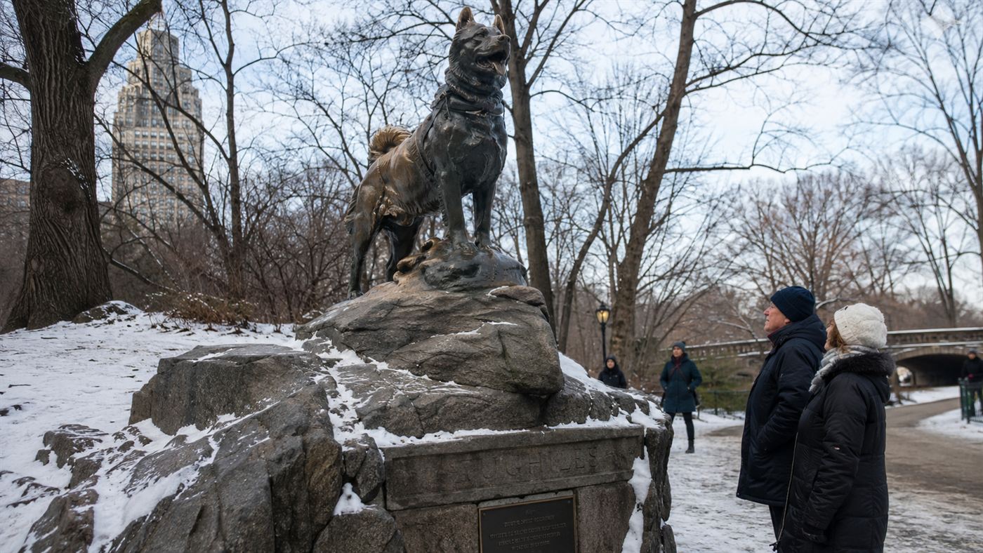 A bronze statue of a heroic sled dog in a snowy park, like the Balto statue in Central Park