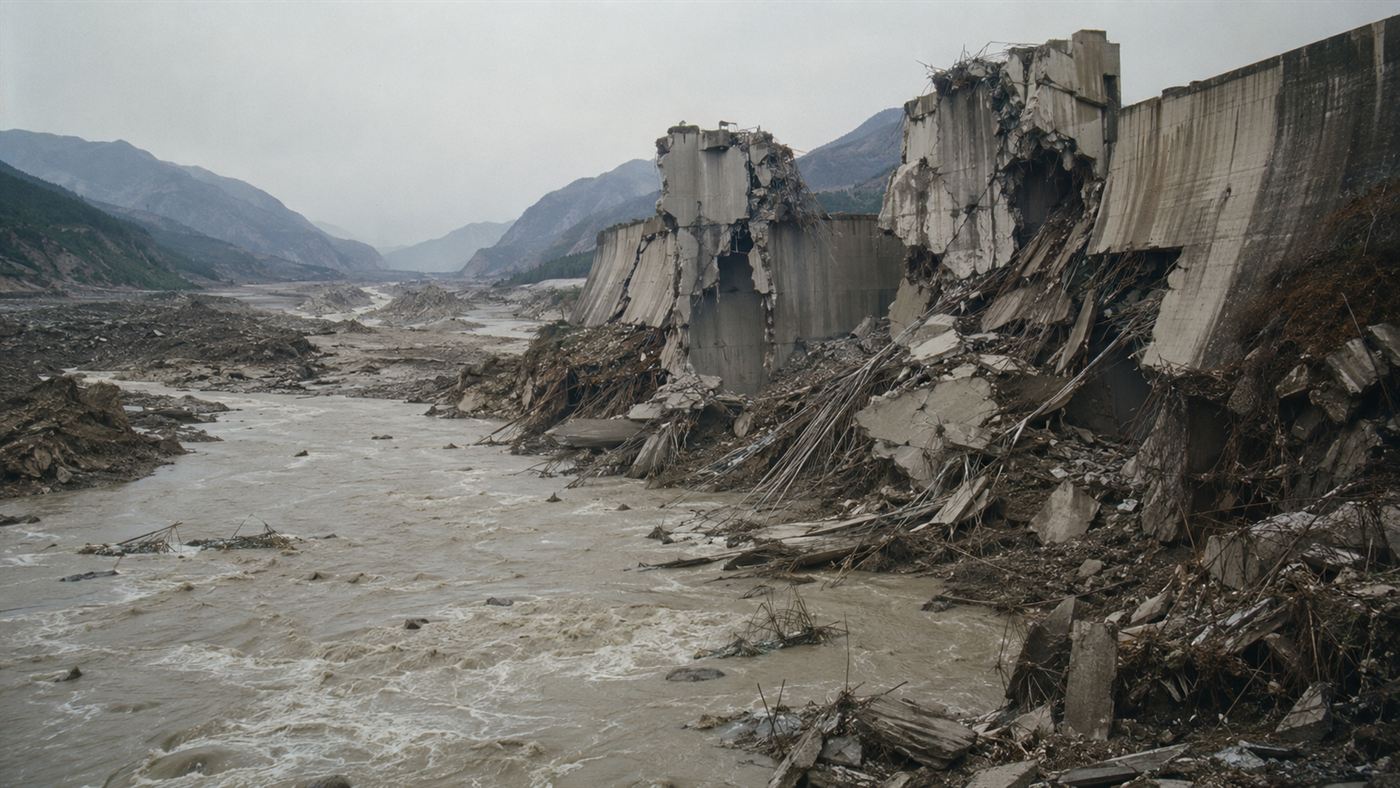 Ruins of a concrete dam wall in a Chinese river valley in the 1970s, broken concrete and rebar exposed after catastrophic dam collapse, destruction of Banqiao Dam failure aftermath