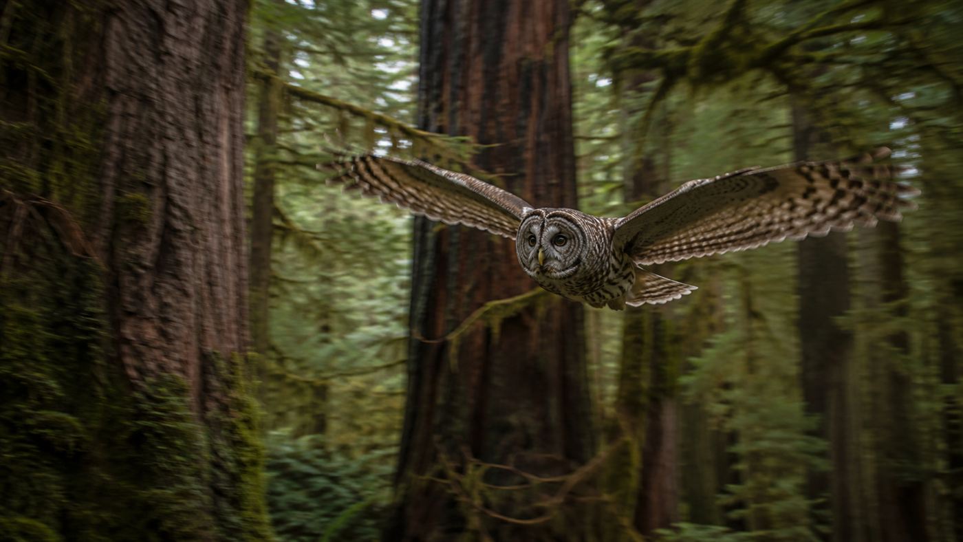 A barred owl in silent flight through tall Pacific Northwest old-growth forest, wings spread wide between ancient Douglas firs