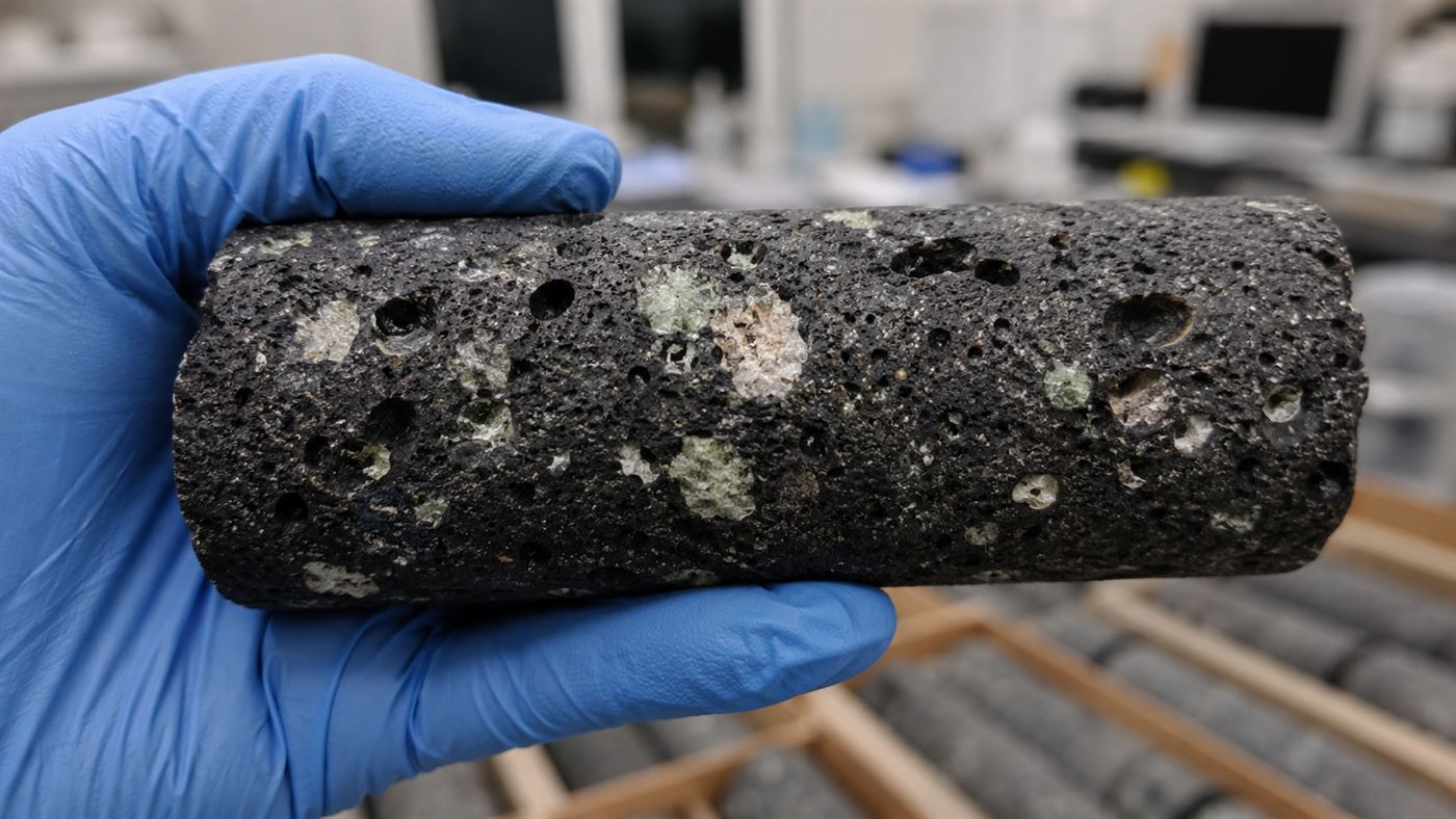 A gloved hand holding a drilled basalt core with its dark pores filled with pale white and green carbonate minerals
