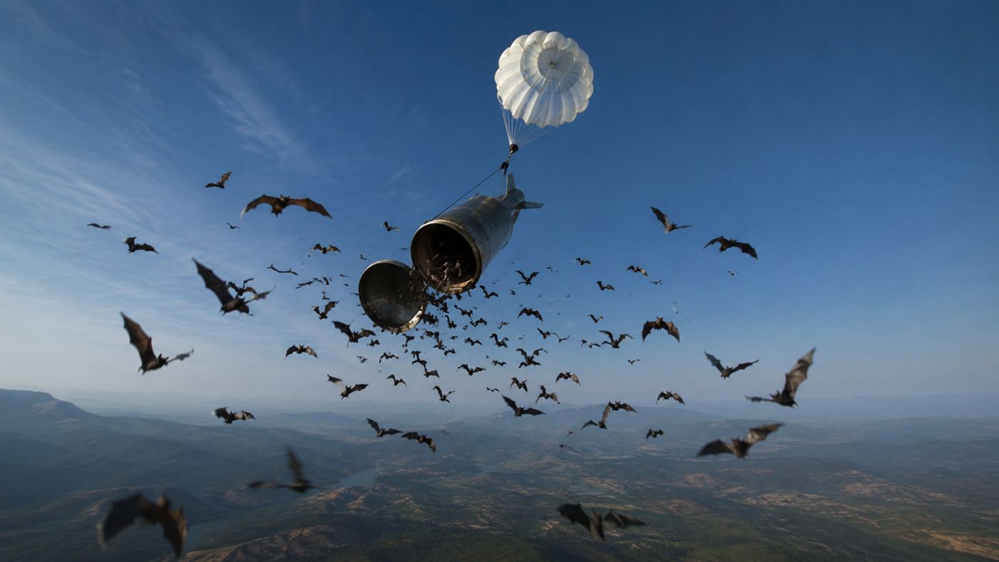 An open metal bomb-shaped canister in the sky with small bats flying out of it, the concept behind the bat bomb
