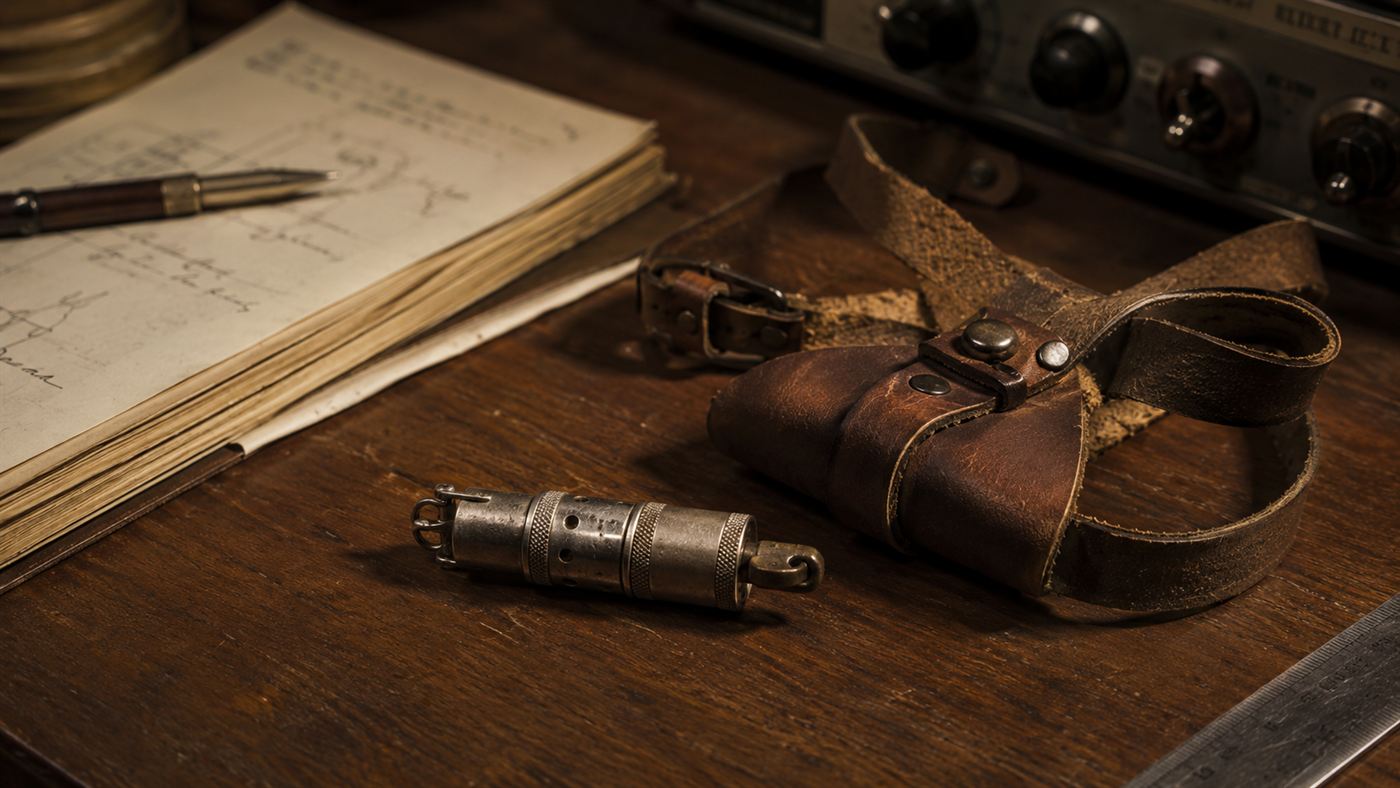 A tiny 1940s incendiary capsule and a small harness on a laboratory bench beside notes, the kind attached to a bat
