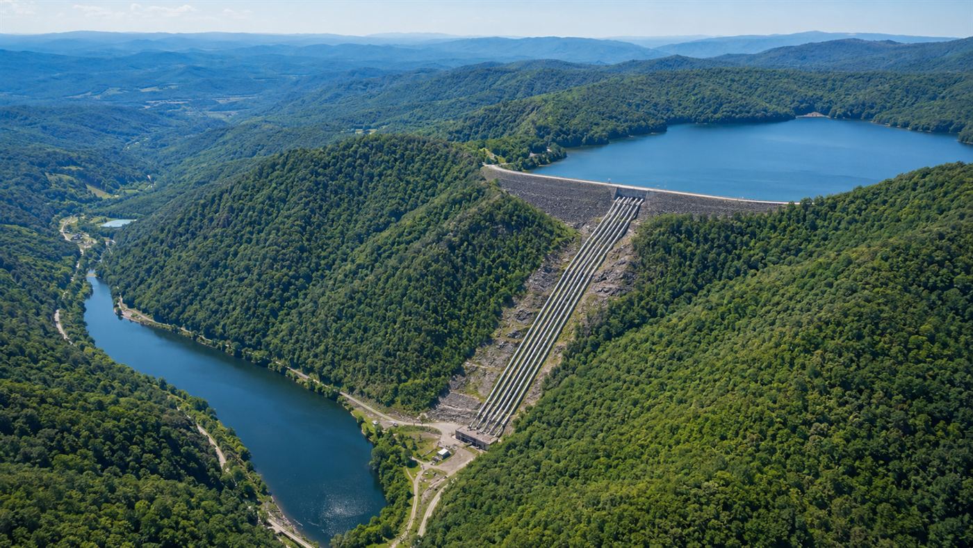 Aerial view of the Bath County pumped storage upper reservoir held by a dam high in forested Appalachian mountains, with a lower lake in the valley