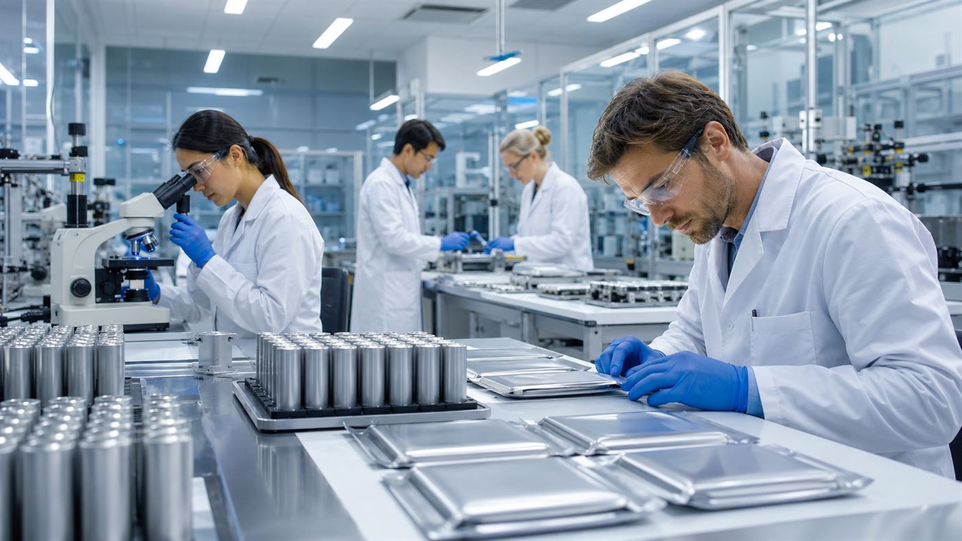 Engineers in a clean modern battery cell research and manufacturing laboratory working on rows of battery cells