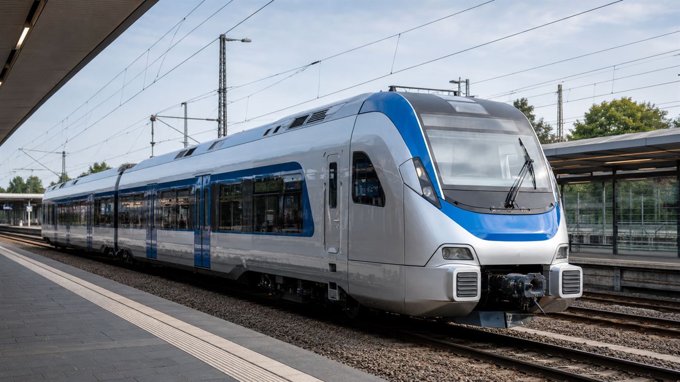 A modern battery-electric regional train charging under overhead wires at a station in Germany