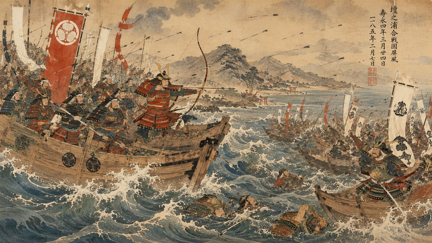 A traditional painting style scene of the 1185 naval Battle of Dan-no-ura with samurai on boats
