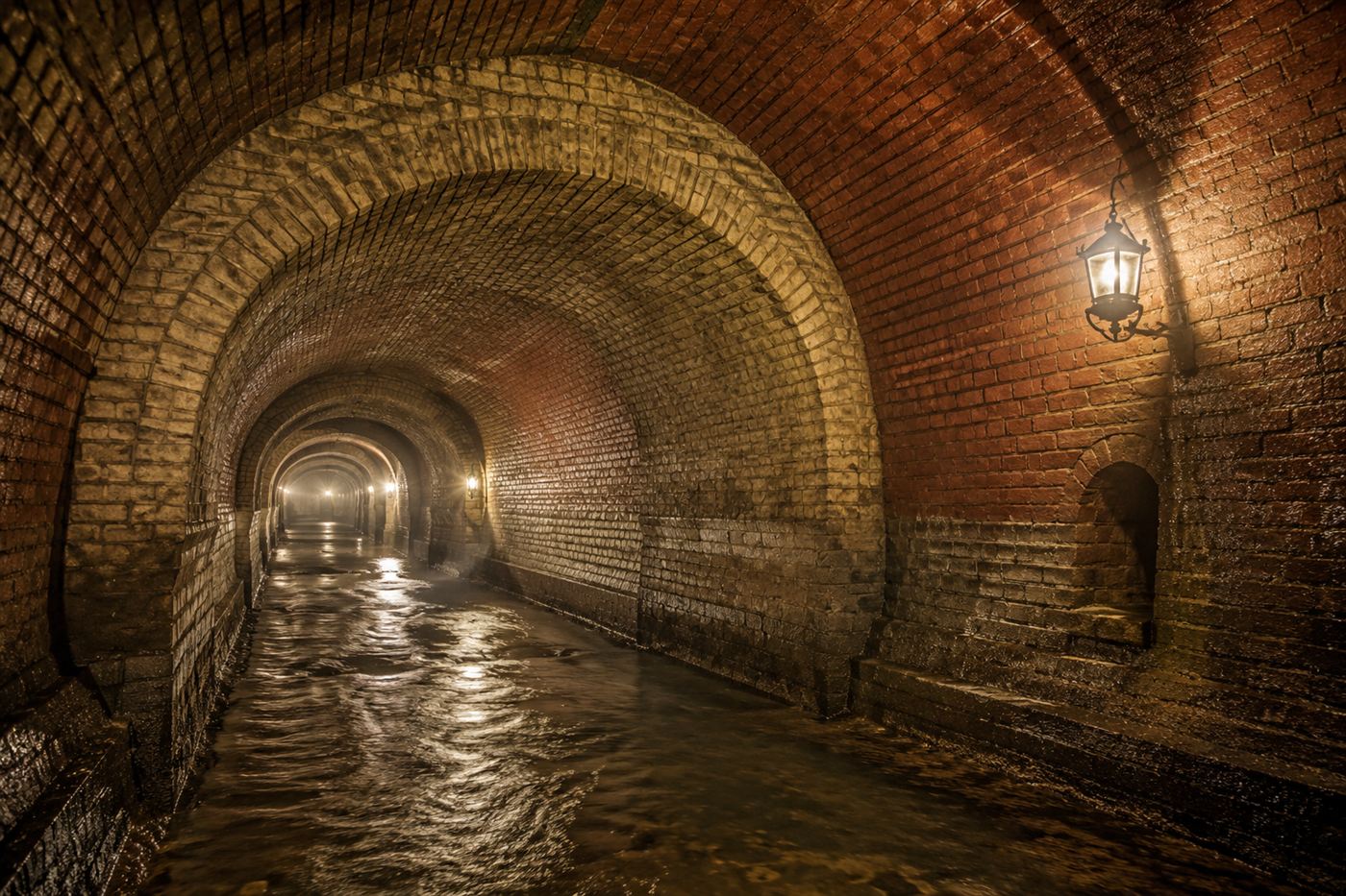 The brick arches of a grand Victorian London sewer tunnel built by Joseph Bazalgette
