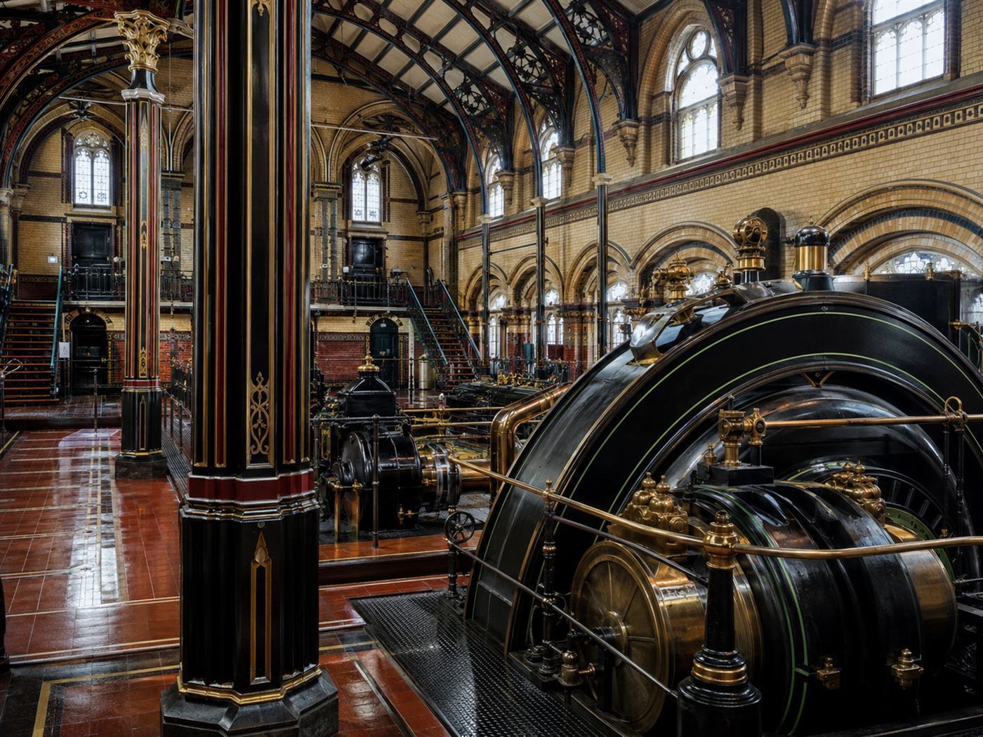 The ornate Victorian interior of a London sewage pumping station with decorative cast-iron columns, part of Bazalgette's sewers