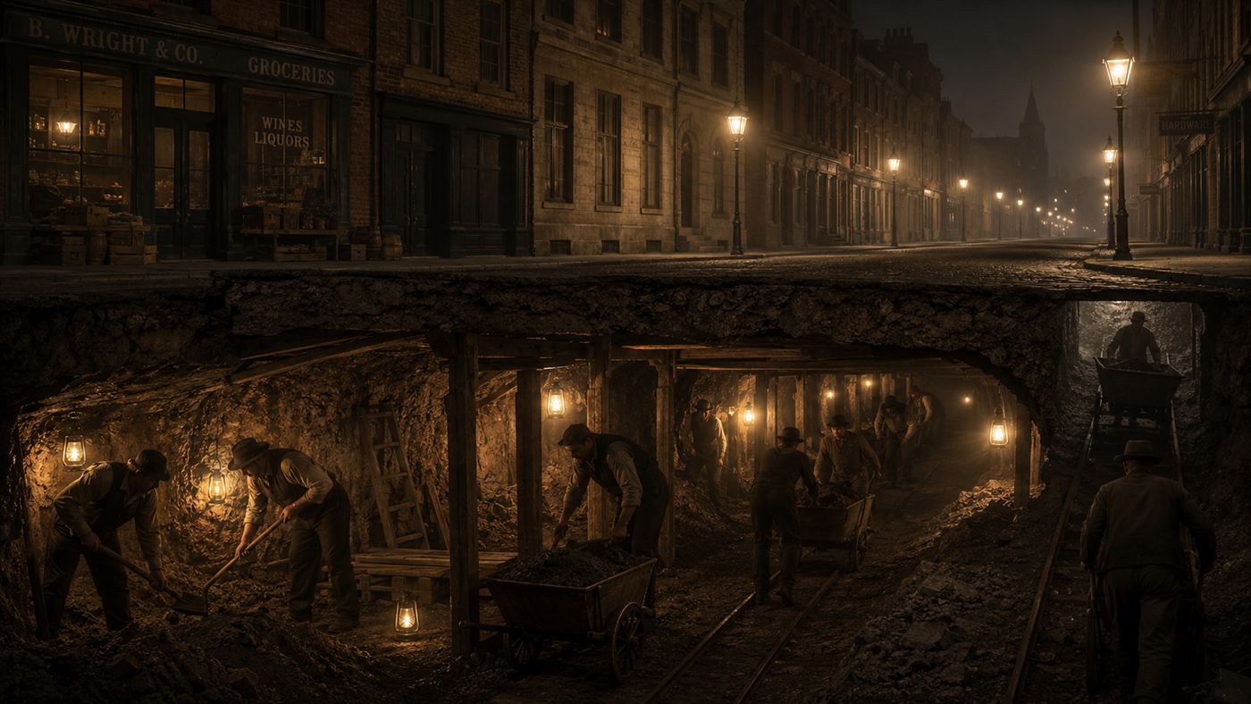 Workers digging a tunnel under a city street at night by lantern light in 1869, carting away dirt in secret