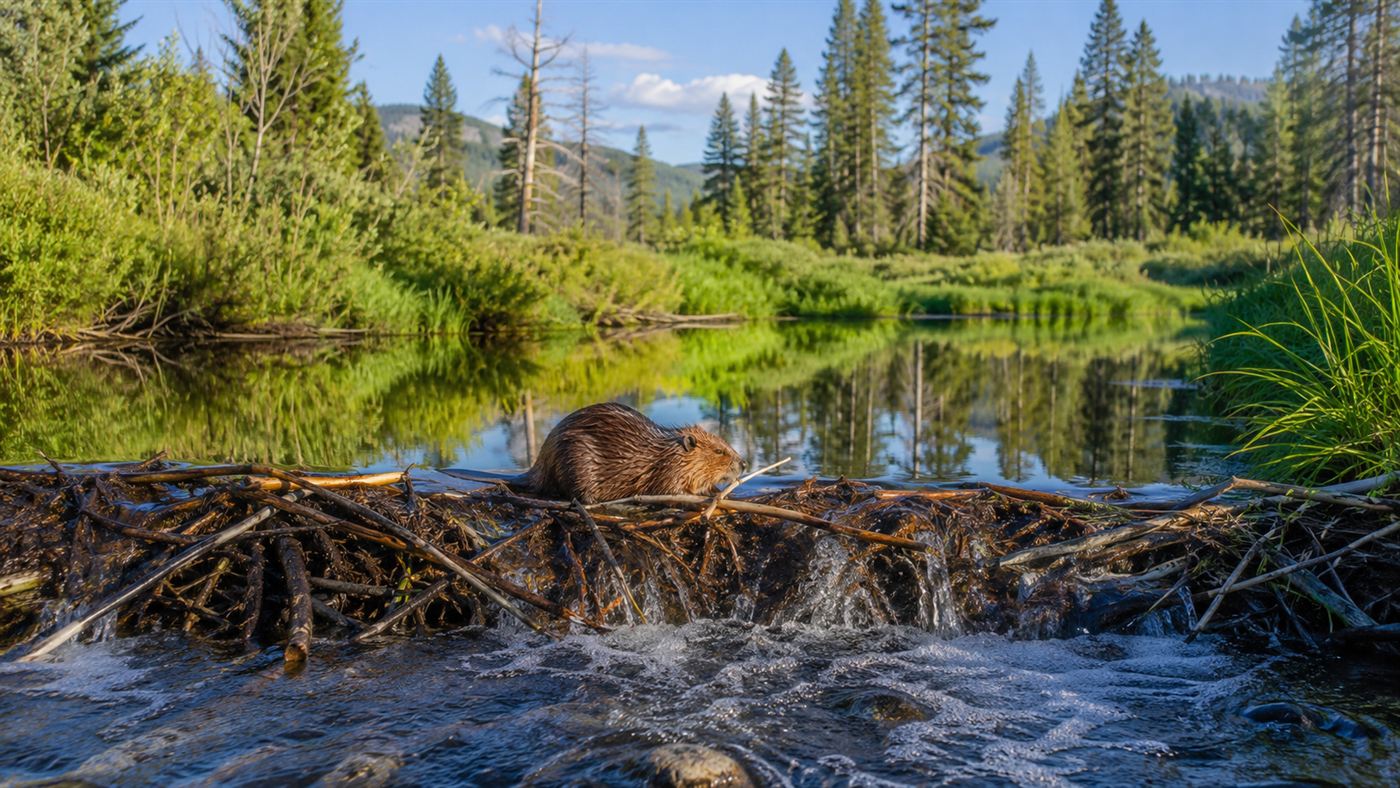 A beaver building a stick dam across a clear stream in a lush green Idaho wilderness wetland
